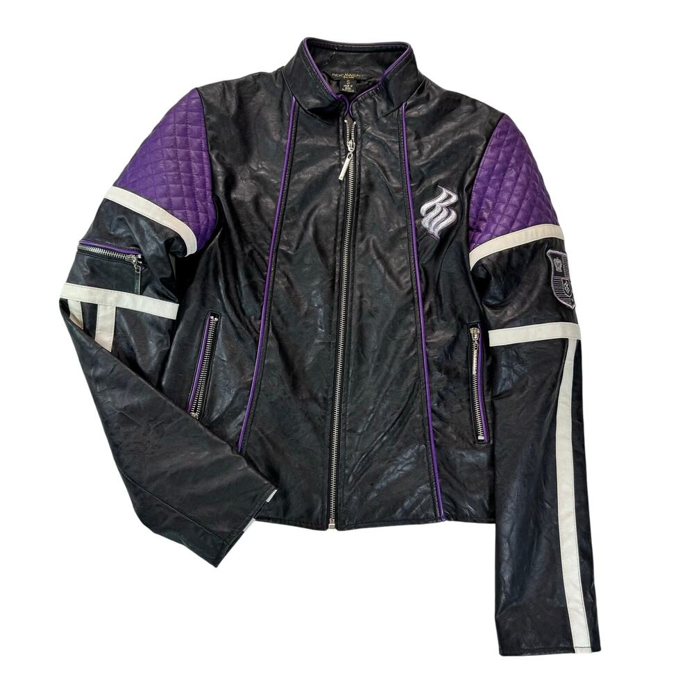 Vtg Rocawear Moto Jacket Black Purple Quilted Patch Women S  XS/S Y2K Streetwear